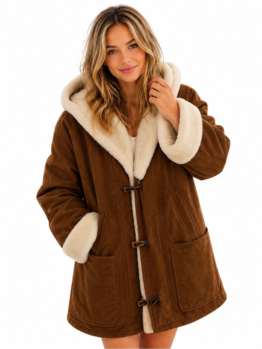 Gallery Brown Suede Leather Penny Lane Coat M Faux Shearling Hood Y2K Boho Hood